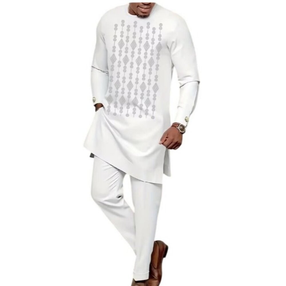 African Formal Dashiki Crisp White Shirt & Pant Suit Traditional Dress Outfit